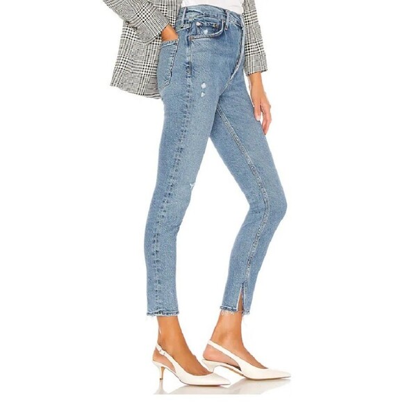 Agolde Nico Slim High Rise Jeans Womens Size 25 Blue Distressed Slits Button Fly - Picture 5 of 16